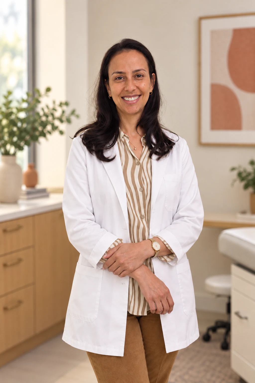 Dra. Natássia Nava, de jaleco branco, sorrindo no consultório